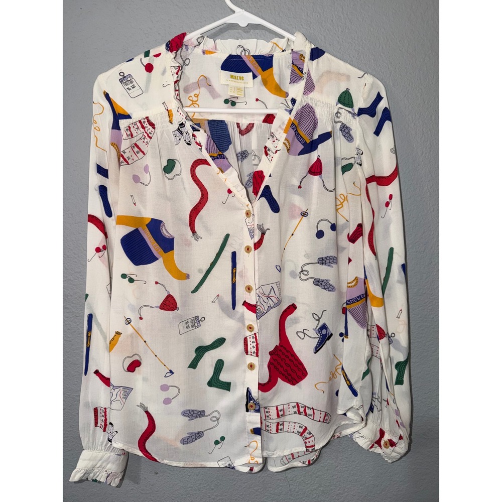 Maeve Anthropologie Blouse Size 2 Winter Gear Novelty Print Ruffle White Multi